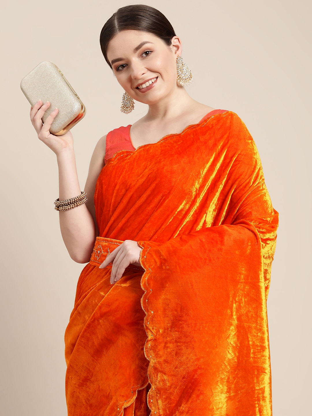 

VASTRANAND Orange Sequinned Velvet Belted Saree with Blouse