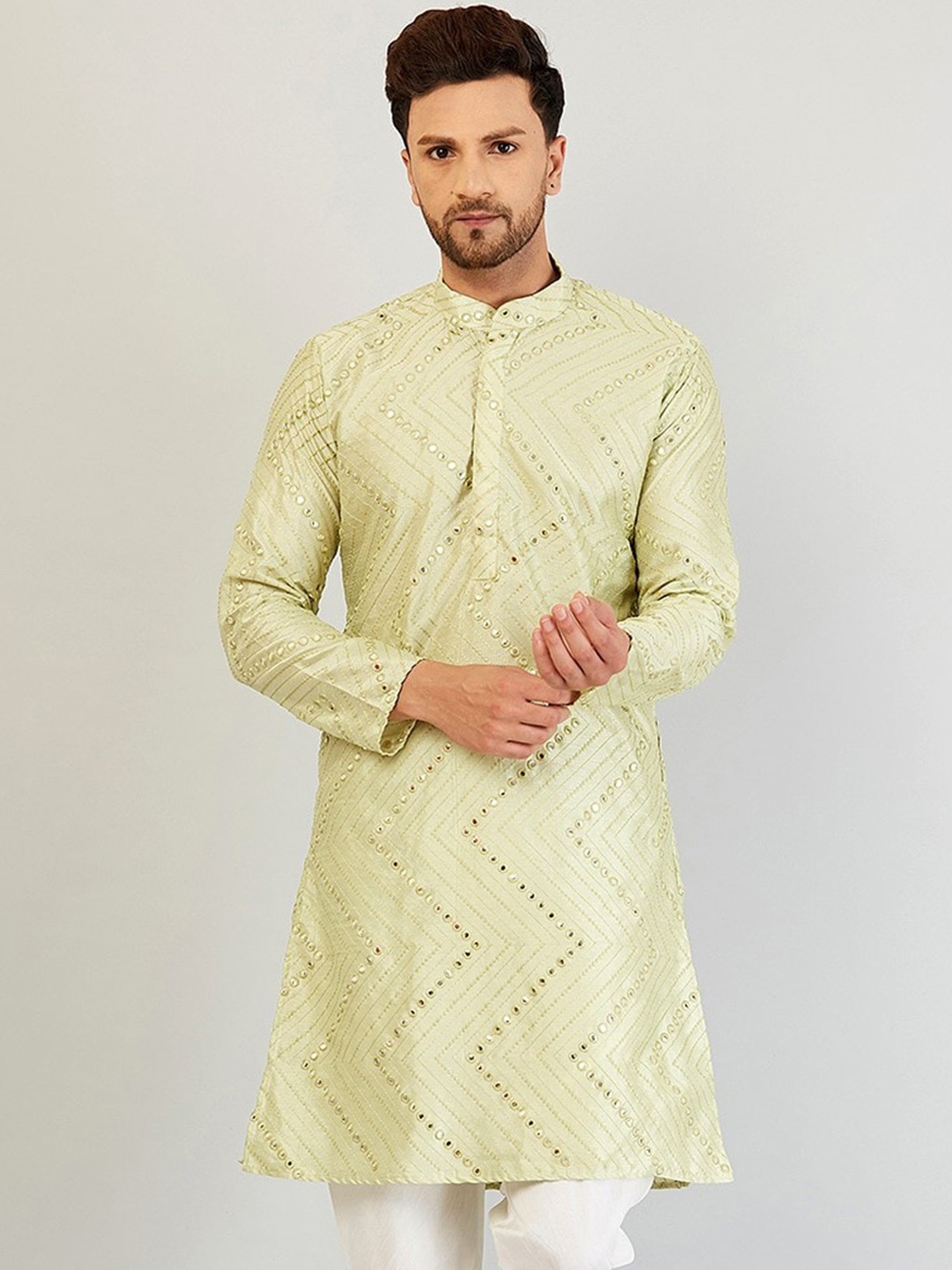 

Armaan Ethnic Men Sea Green Chevron Embroidered Mirror Work Pastels Kurta