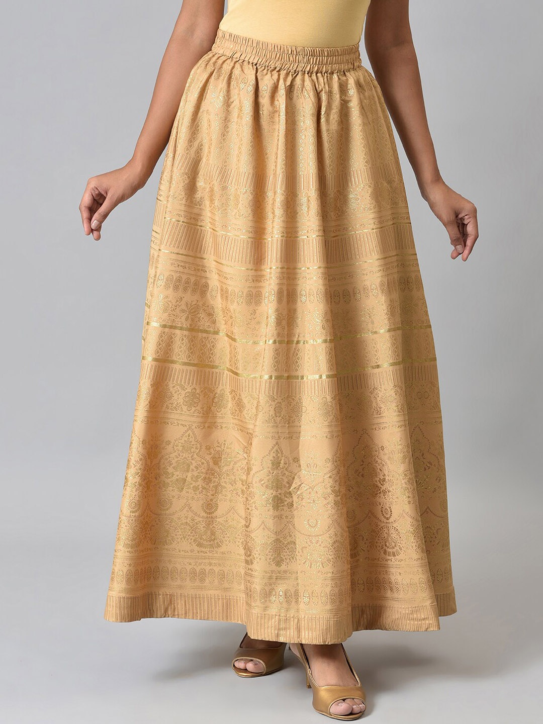 

AURELIA Women Golden Printed Flared Maxi Skirts, Gold