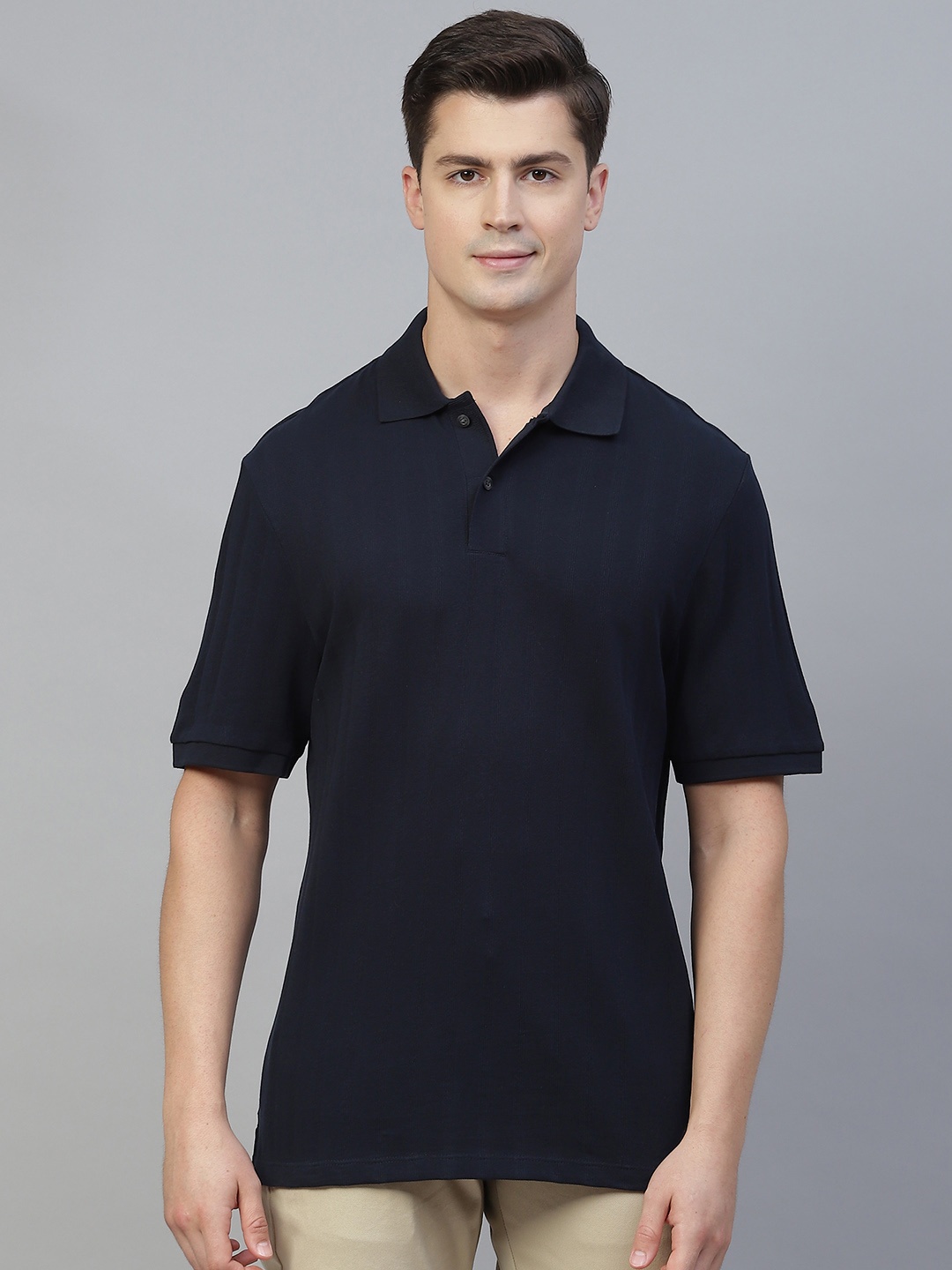 

Marks & Spencer Men Navy Blue Self-Striped Polo Collar Pure Cotton T-shirt