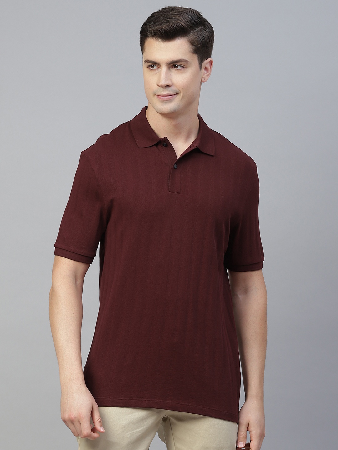 

Marks & Spencer Men Maroon Self-Striped Polo Collar Pure Cotton T-shirt