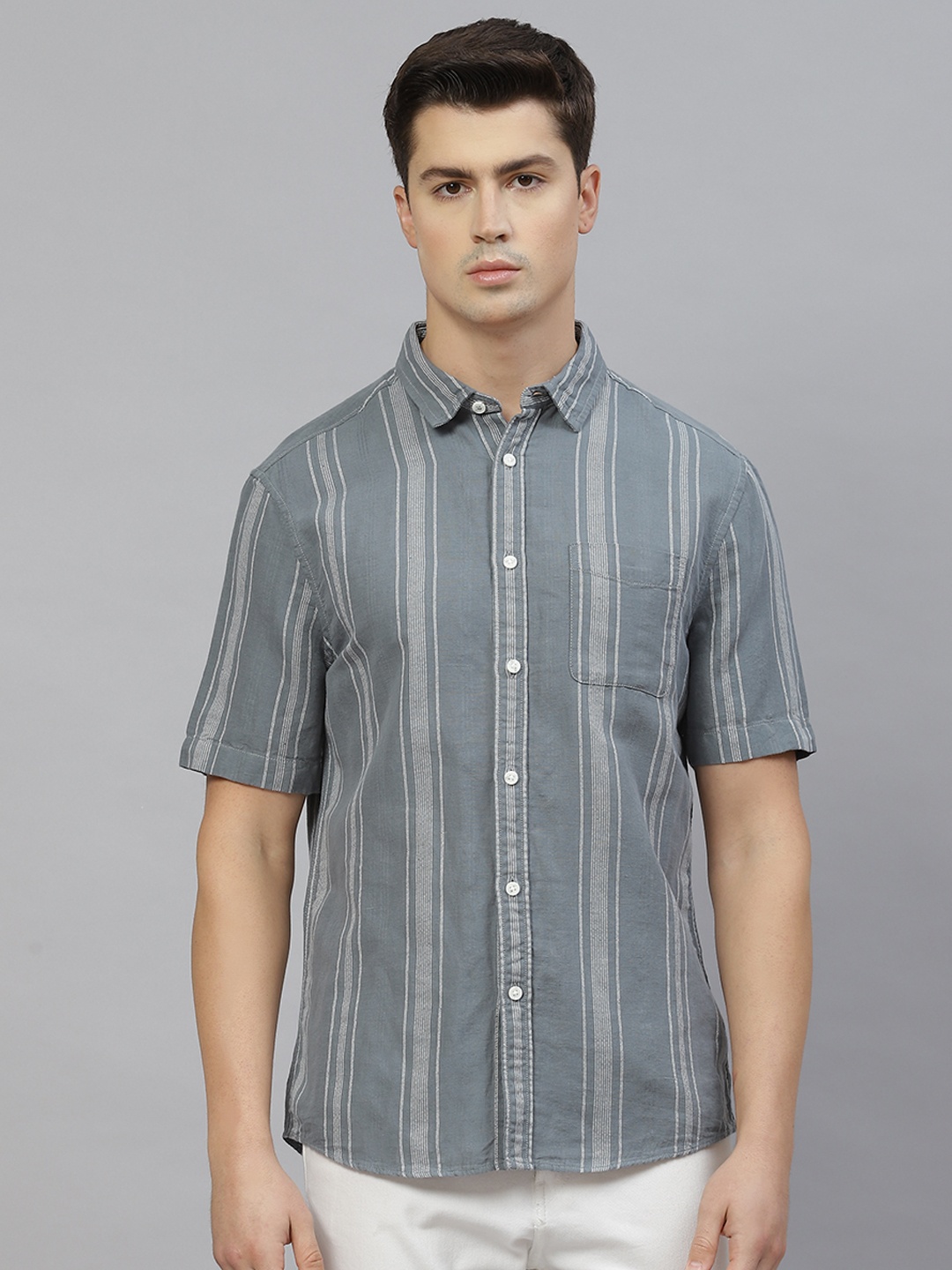 

Marks & Spencer Men Grey & White Easy Iron Striped Linen Cotton Relaxed Fit Shirt