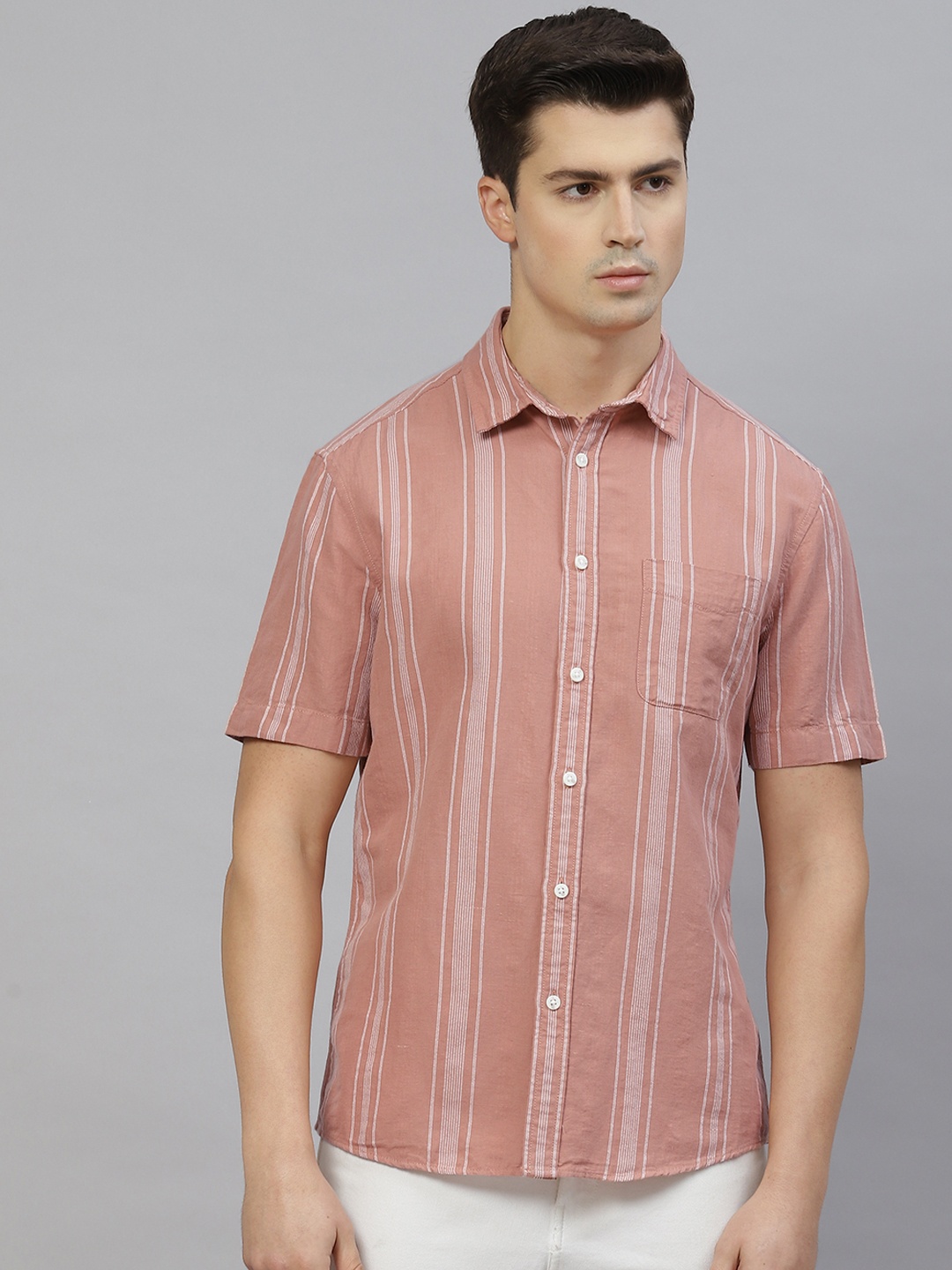 

Marks & Spencer Men Dusty Pink & White Easy Iron Striped Linen Cotton Relaxed Fit Shirt, Rose