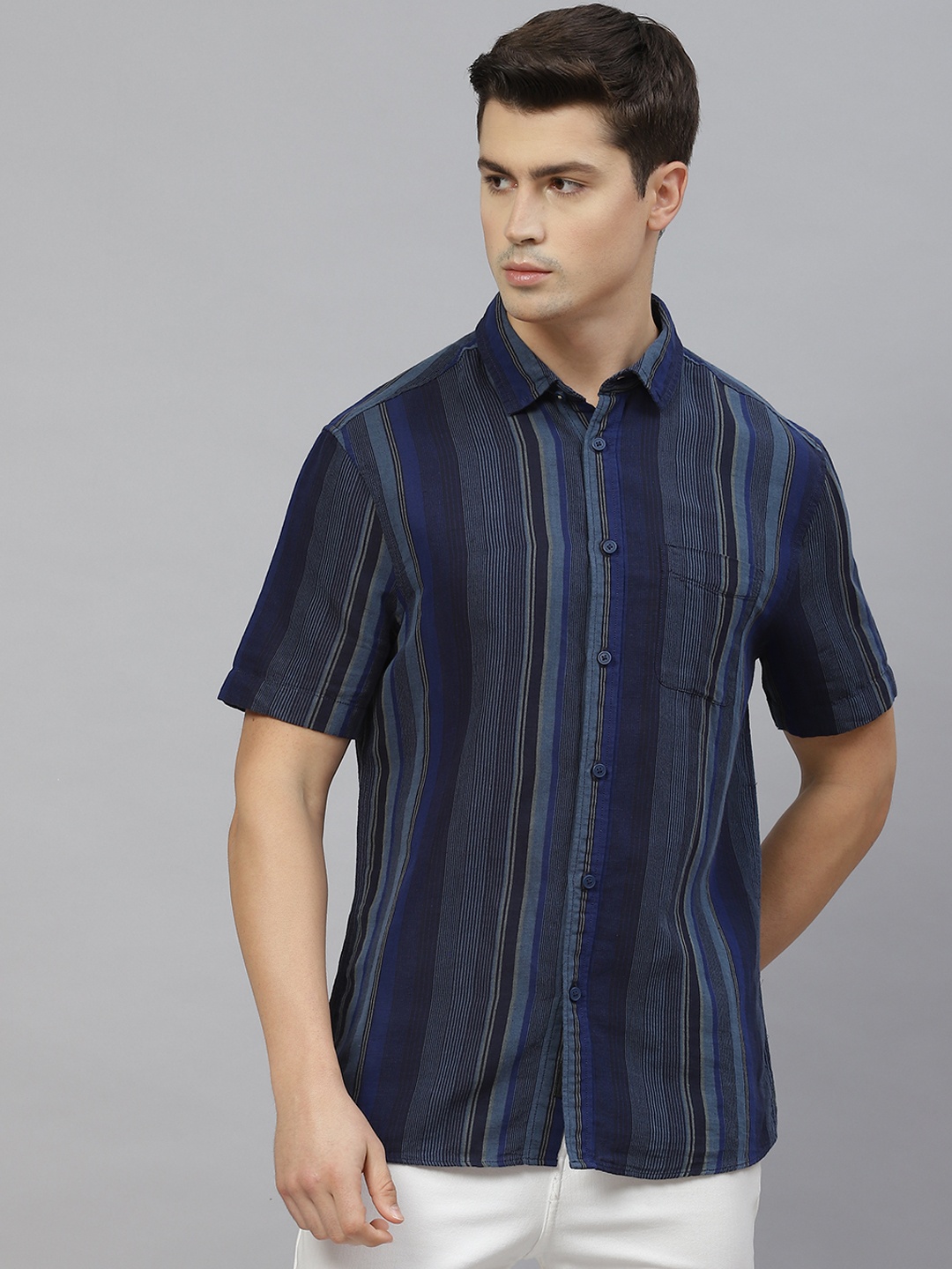 

Marks & Spencer Men Navy Blue Easy Iron Striped Linen Cotton Relaxed Fit Shirt