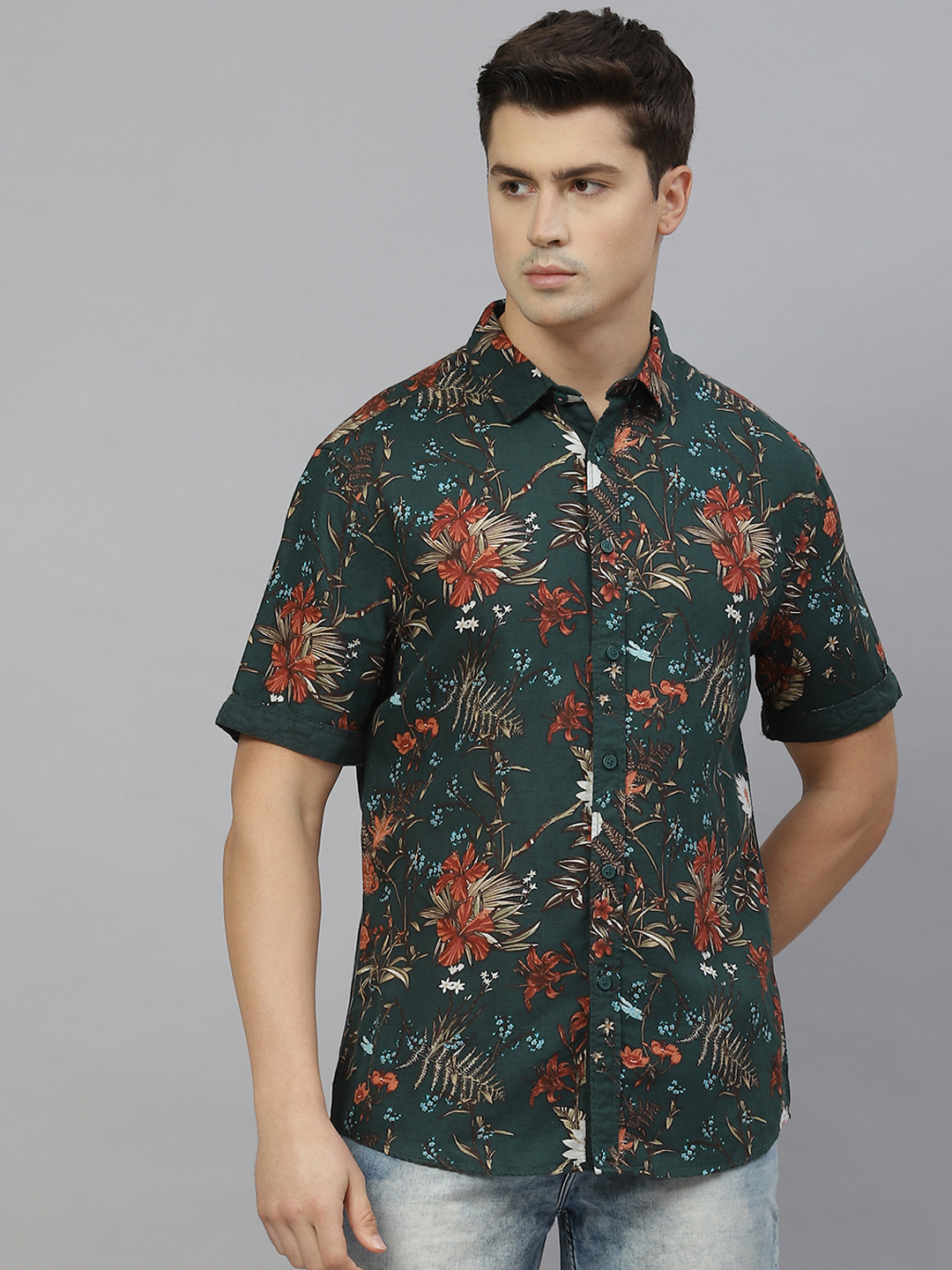 

Marks & Spencer Men Green & Maroon Easy Iron Floral Printed Linen Cotton Relaxed Fit Shirt