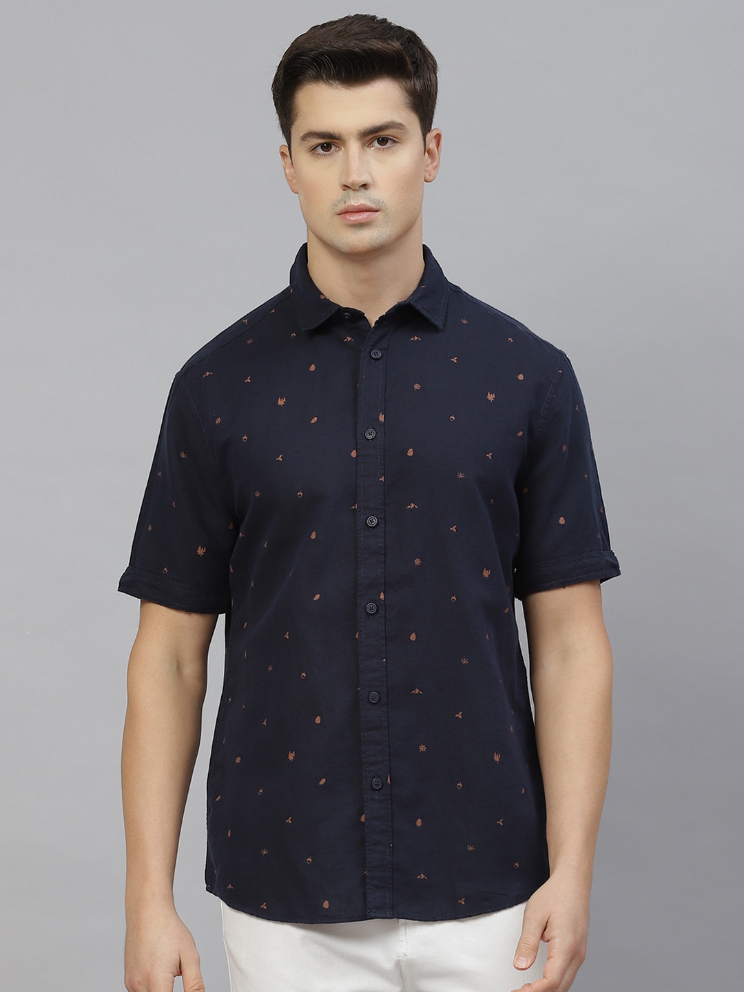 

Marks & Spencer Men Navy Blue & Brown Easy Iron Printed Linen Cotton Relaxed Fit Shirt