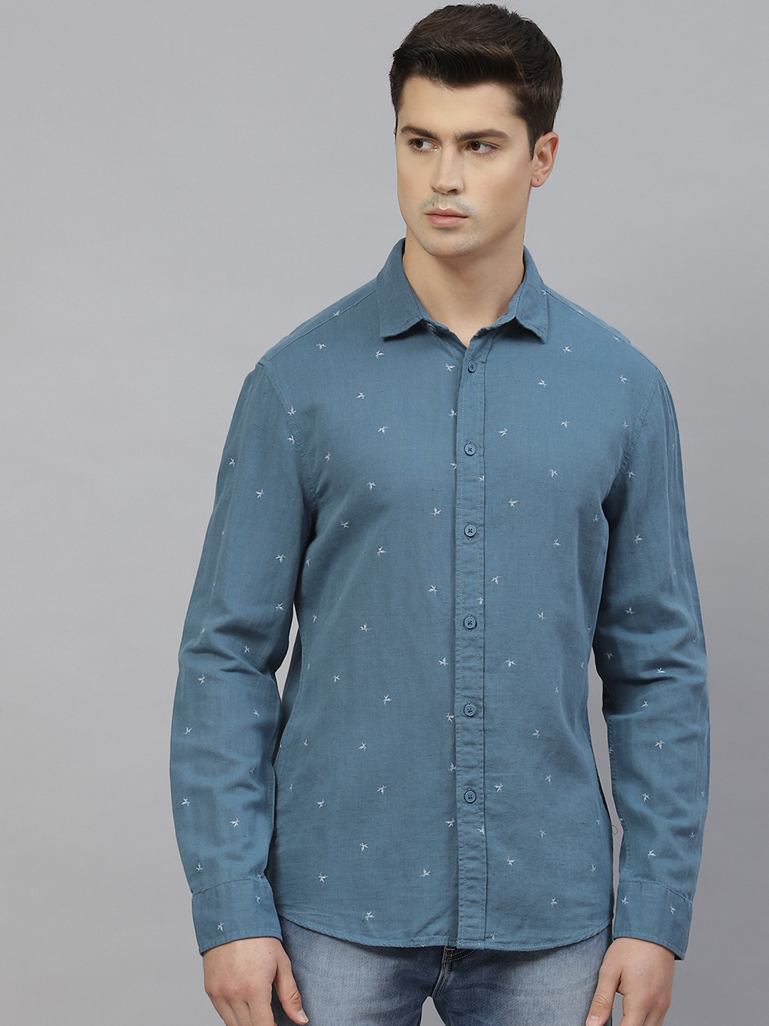 

Marks & Spencer Men Blue & White Easy Iron Printed Linen Cotton Relaxed Fit Shirt