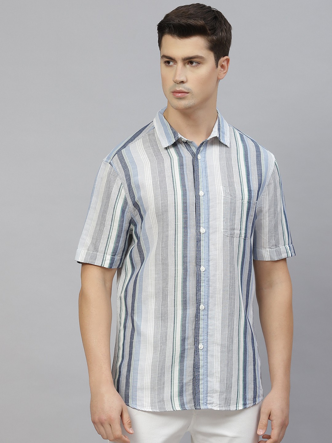 

Marks & Spencer Men White & Blue Easy Iron Striped Linen Cotton Relaxed Fit Shirt