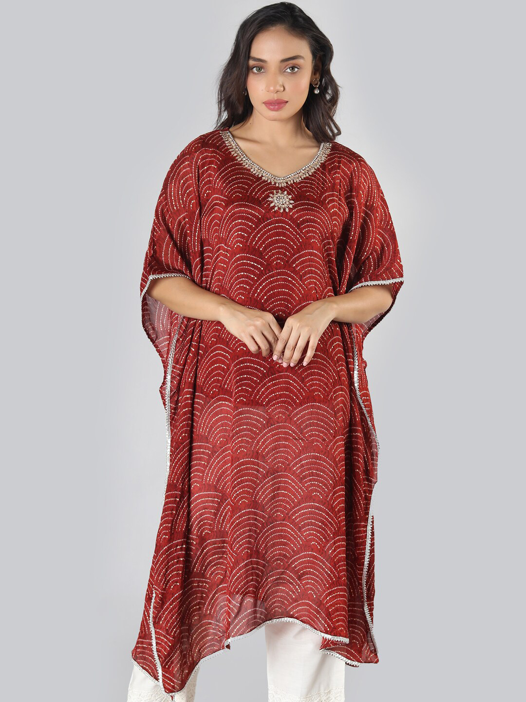 

taruni Women Rust & White Bandhani Printed Gotta Patti Crepe Kaftan Kurta