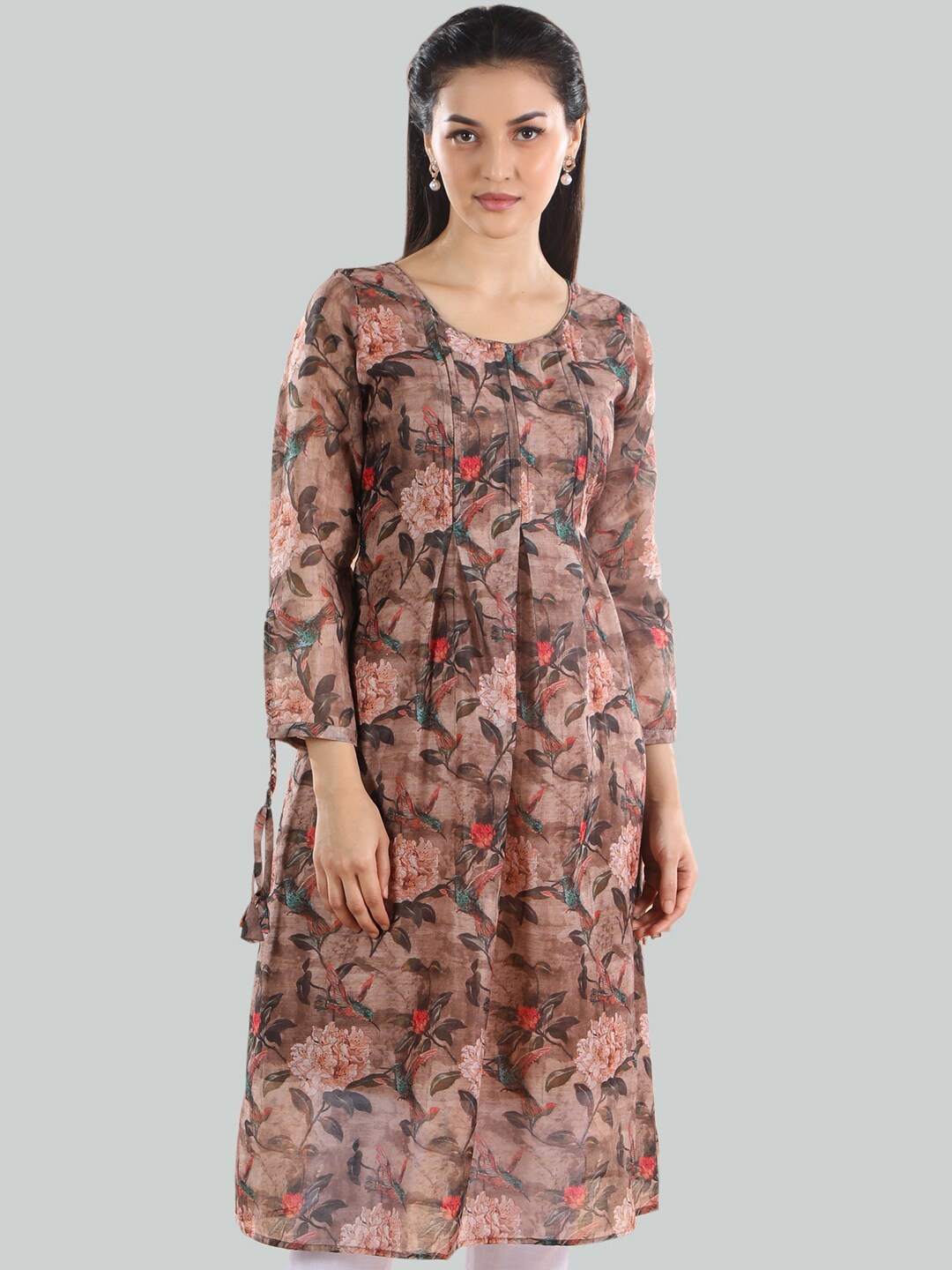 

taruni Brown & Pink Floral Printed Chanderi Cotton Kurti