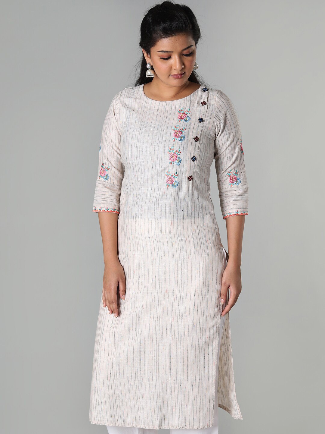 

taruni Women Beige Striped Gotta Patti Floral Kurta