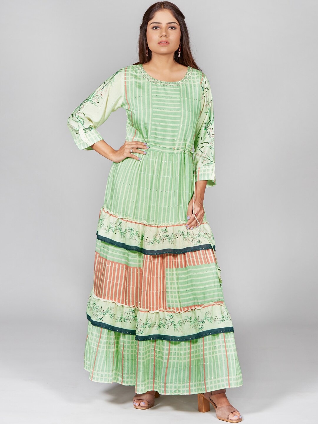 

taruni Women Green Printed Silk Maxi Dress