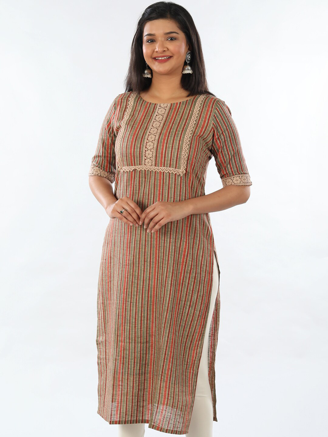 

taruni Women Green & Beige Striped Kurta