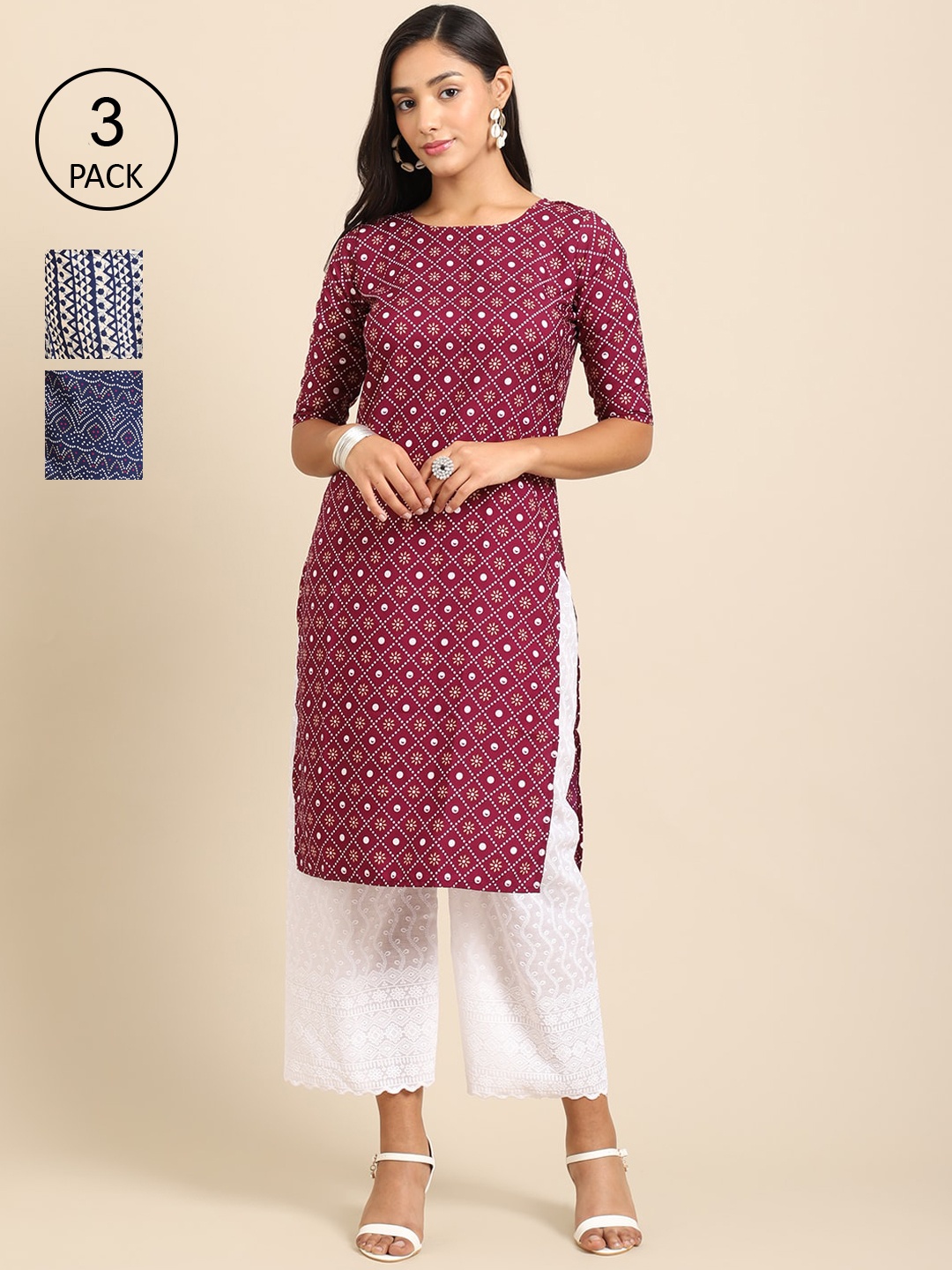 

Ethnic basket Women Pack of 3 White & Blue Geometric Printed Crepe Kurta