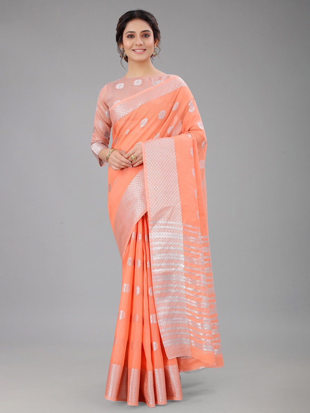 

FASHDEAL Peach-Coloured & Silver-Toned Woven Design Zari Linen Blend Saree