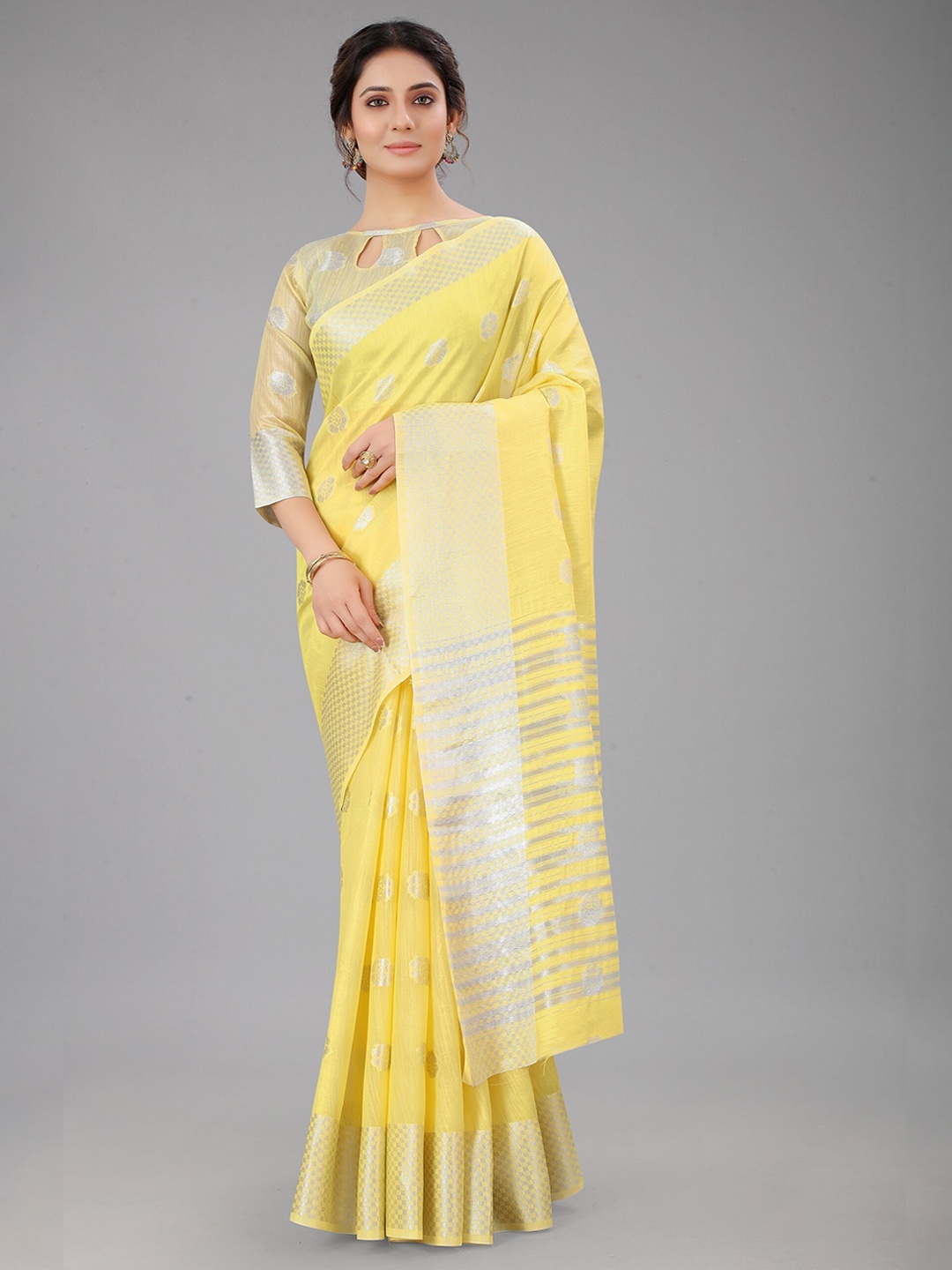 

FASHDEAL Yellow & Silver-Toned Woven Design Zari Linen Blend Saree