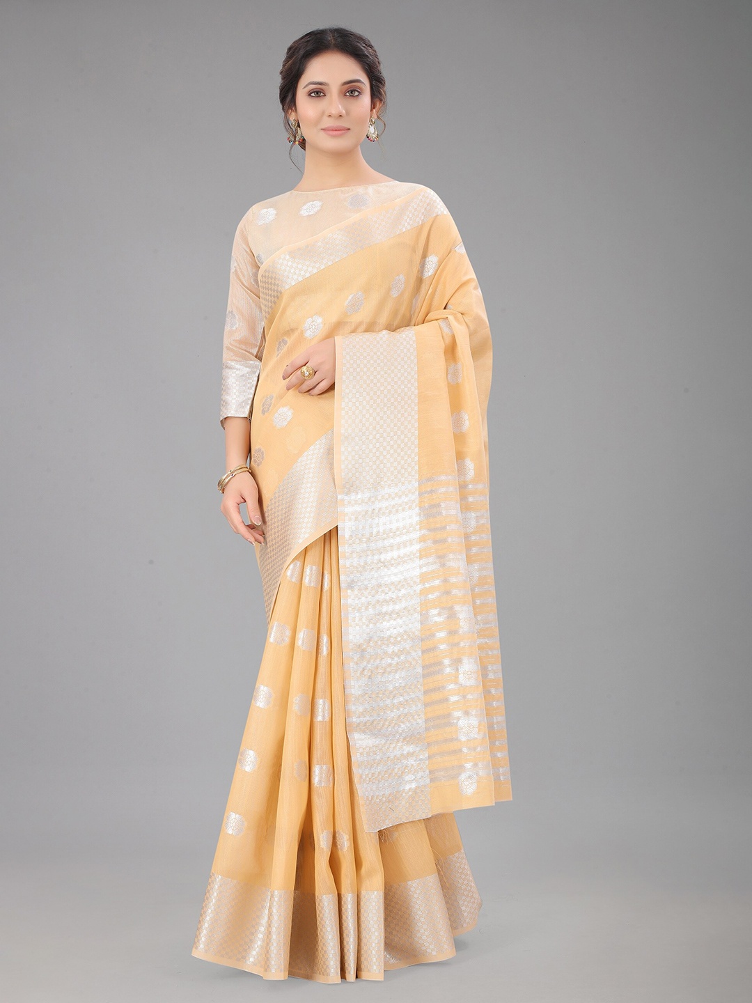 

FASHDEAL Pack Of 2 Orange & Silver-Toned Woven Design Zari Linen Blend Saree