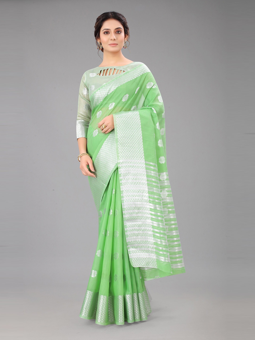 

FASHDEAL Pack Of 2 Green & Silver-Toned Woven Design Zari Linen Blend Saree