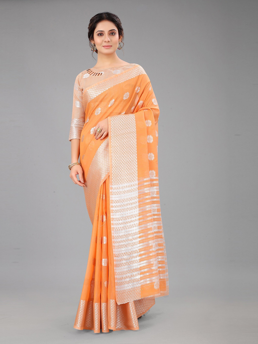 

FASHDEAL Pack Of 2 Orange & Silver-Toned Woven Design Zari Linen Blend Saree