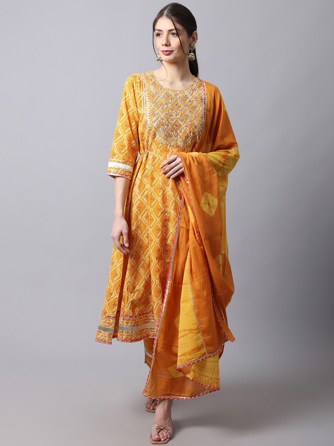 

ANAISA Women Mustard Yoke Design Gotta Patti Pure Cotton Kurta with Trousers & Dupatta