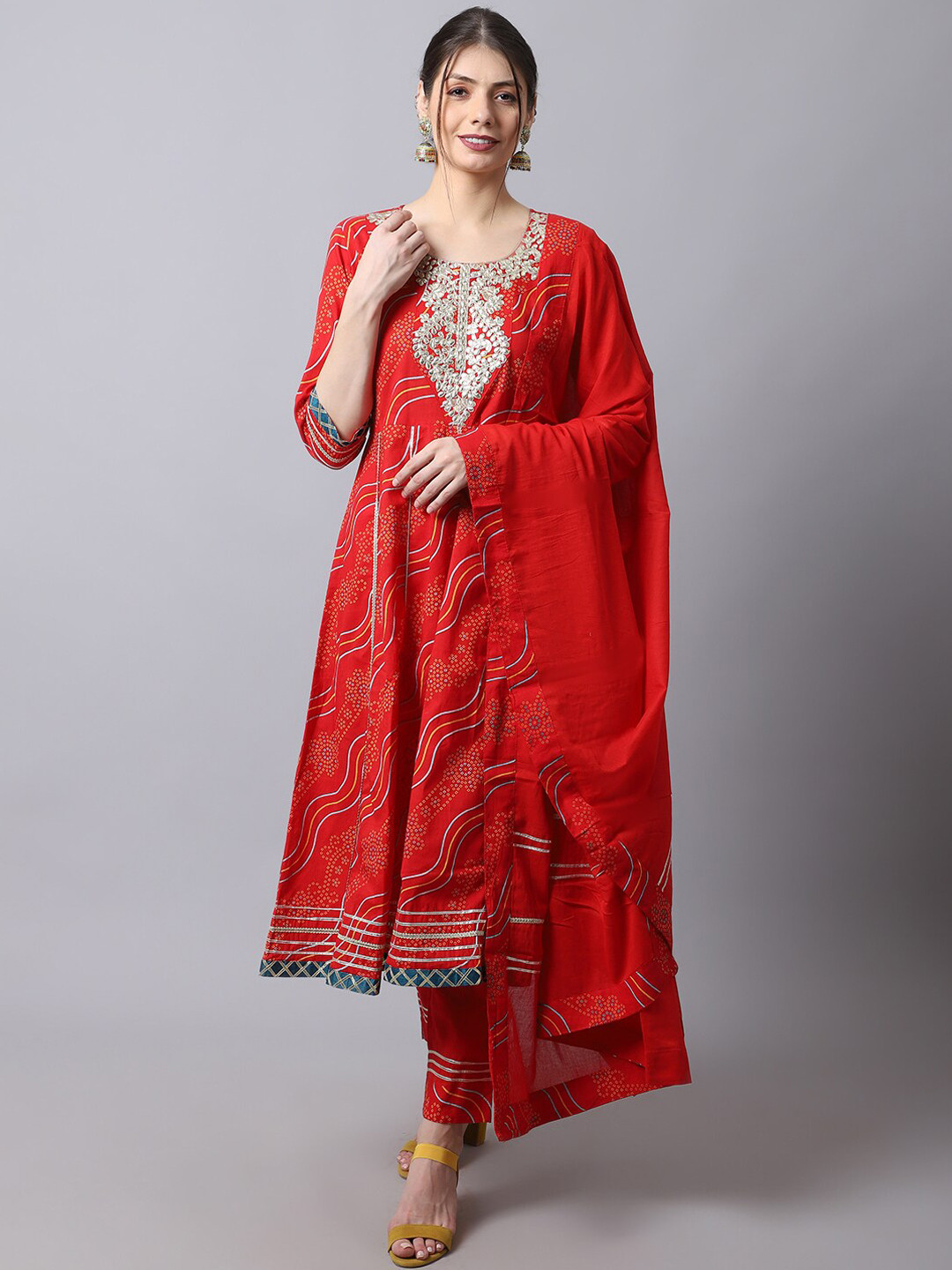 

ANAISA Women Red Floral Yoke Design Panelled Gotta Patti Pure Cotton Kurta with Trousers & With Dupatta