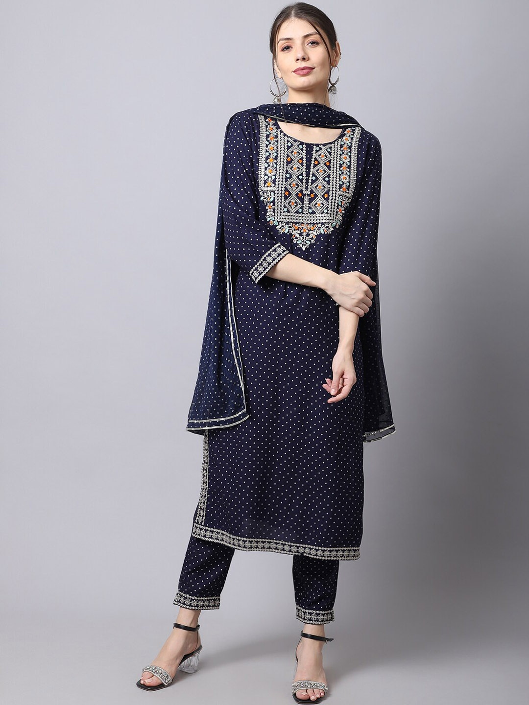 

ANAISA Women Navy Blue Floral Yoke Design Gotta Patti Kurta with Trousers & Dupatta