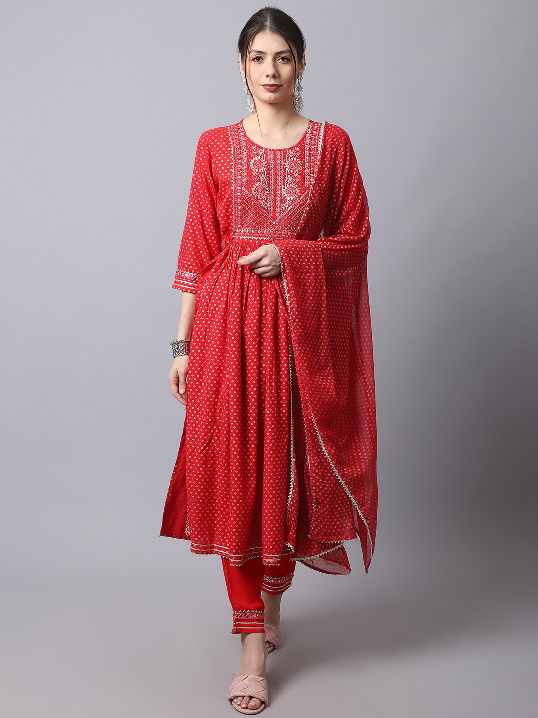 

ANAISA Women Red Floral Printed Gotta Patti Kurta with Trousers & Dupatta