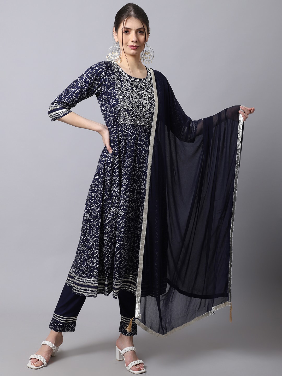 

ANAISA Women Navy Blue Floral Yoke Design Gotta Patti Kurta with Trousers & Dupatta