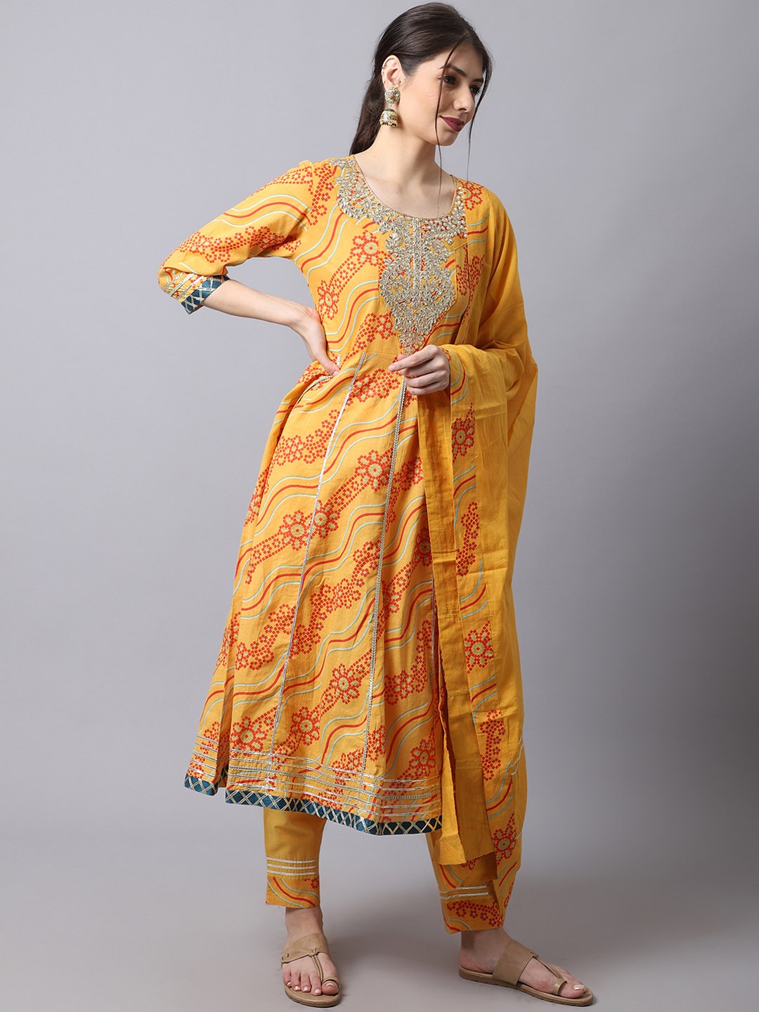 

ANAISA Women Mustard Yellow Floral Yoke Design Panelled Gotta Patti Pure Cotton Kurti with Trousers & With