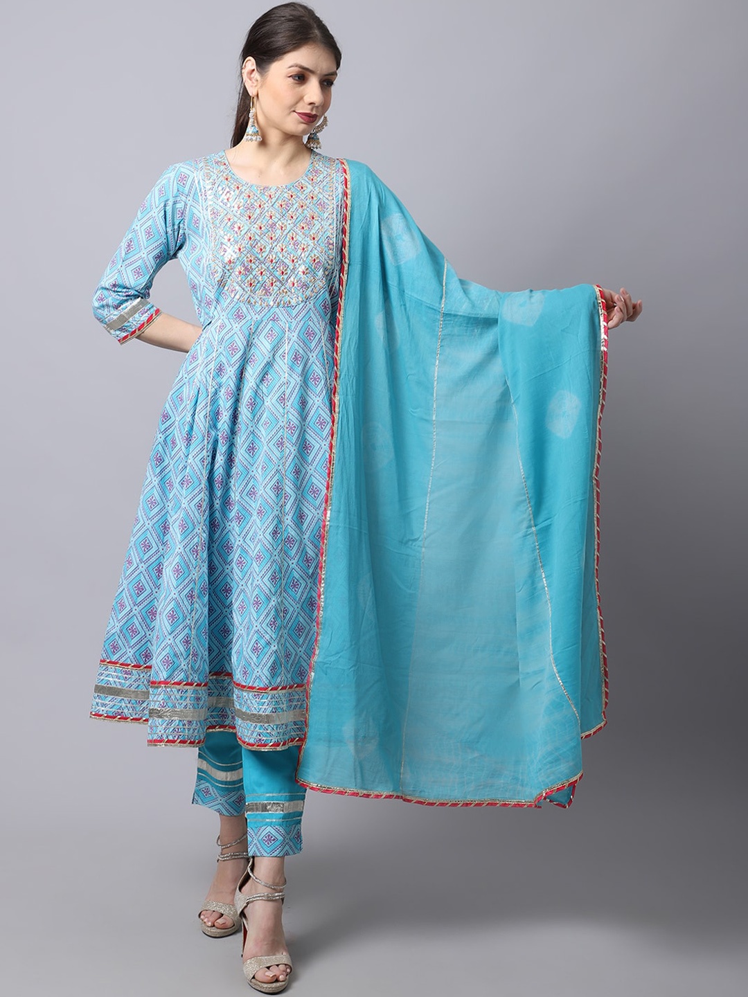 

ANAISA Women Blue Floral Printed Empire Gotta Patti Pure Cotton Kurta with Trousers & With Dupatta