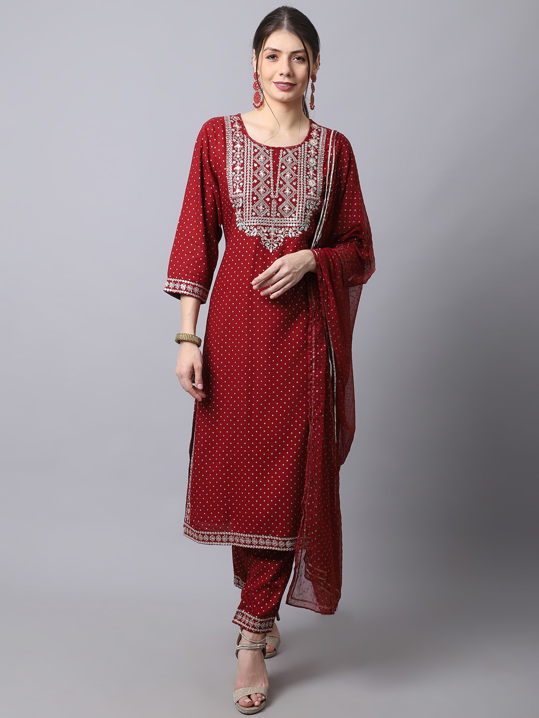 

ANAISA Women Maroon Printed Gotta Patti Kurta with Trousers & Dupatta