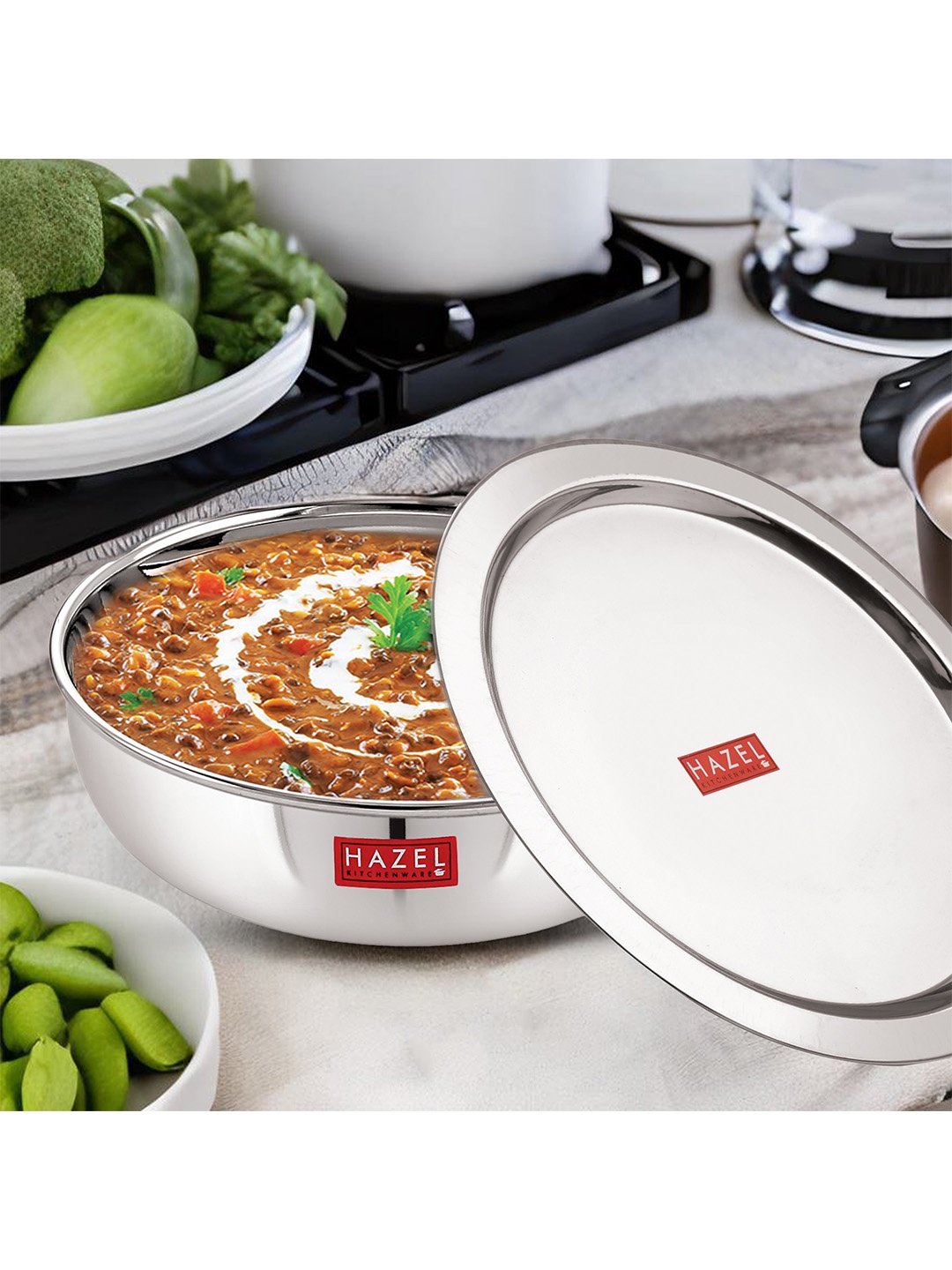 

HAZEL Alfa Silver-Toned Stainless Steel Tasra Kadai Cookware With Lid 1.5 L