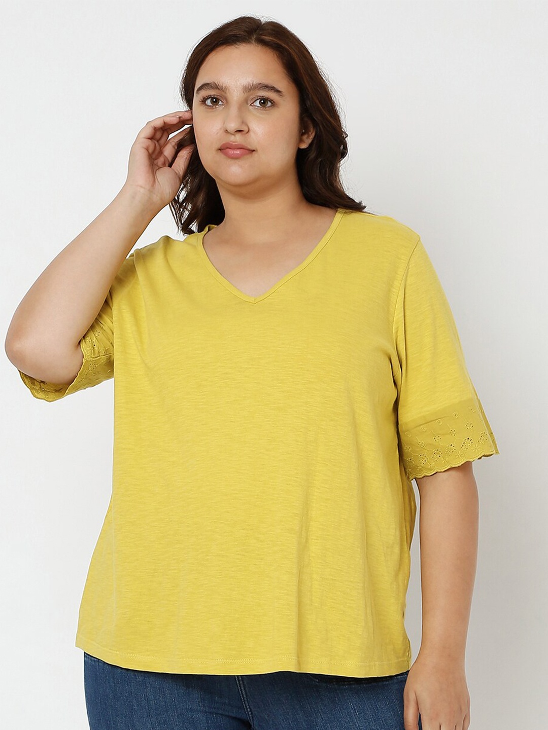 

VERO MODA CURVE Plus Size Women Lime Green V-Neck T-shirt, Yellow