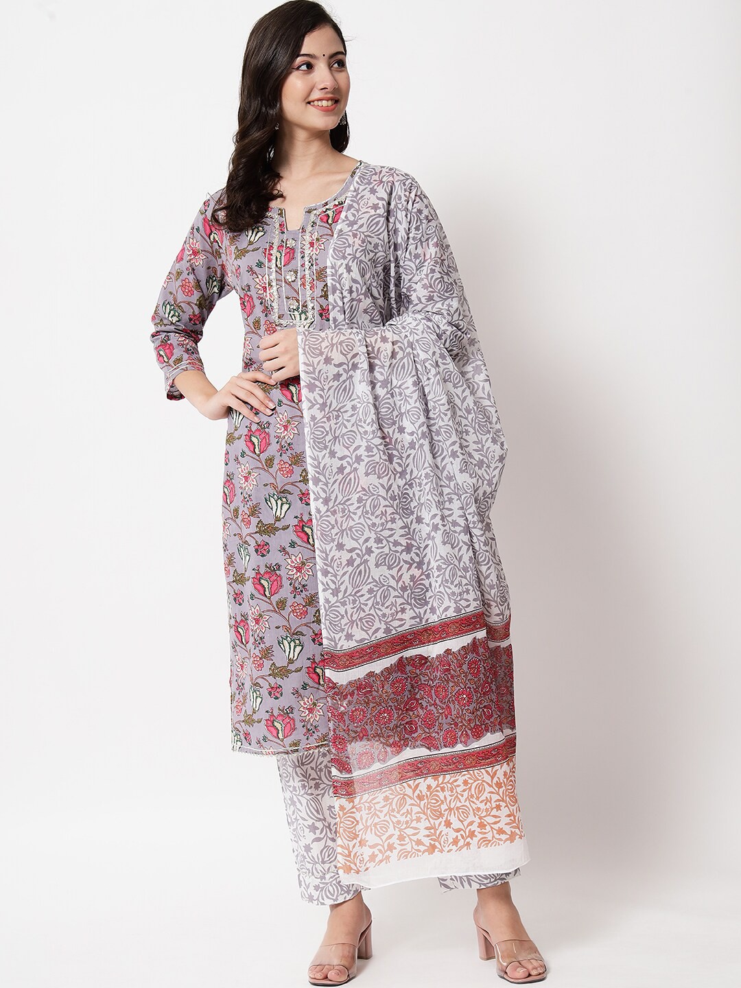 

IkDaiya Women Floral Printed Pure Cotton Kurti with Trousers & With Dupatta, Purple