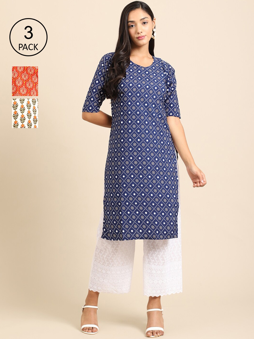 

Ethnic basket Women Pack of 3 Blue & Orange Ethnic Motifs Printed Crepe Kurta