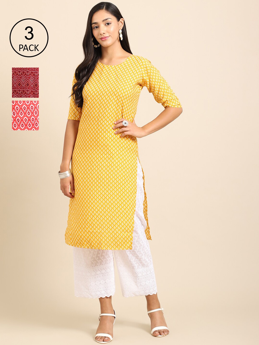 

Ethnic basket Women Pack Of 3 Ethnic Motifs Printed Crepe Kurta, Yellow