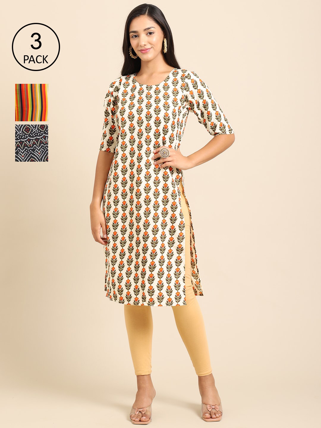 

Ethnic basket Pack of 3 Women Ethnic Motifs Printed Block Print Crepe Kurta, Off white