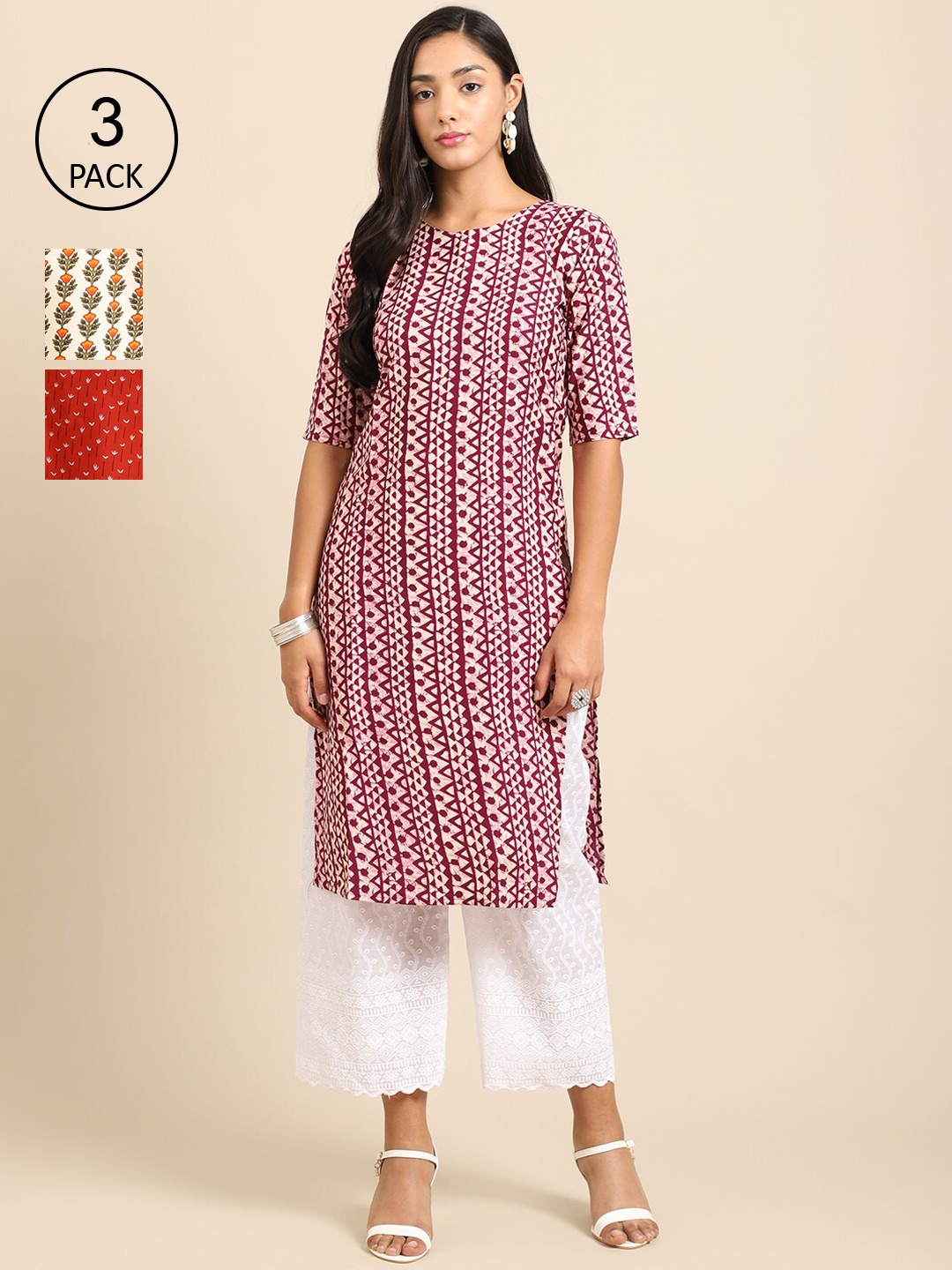 

Ethnic basket Pack of 3 Women Ethnic Motifs Printed Block Print Crepe Kurta, Maroon