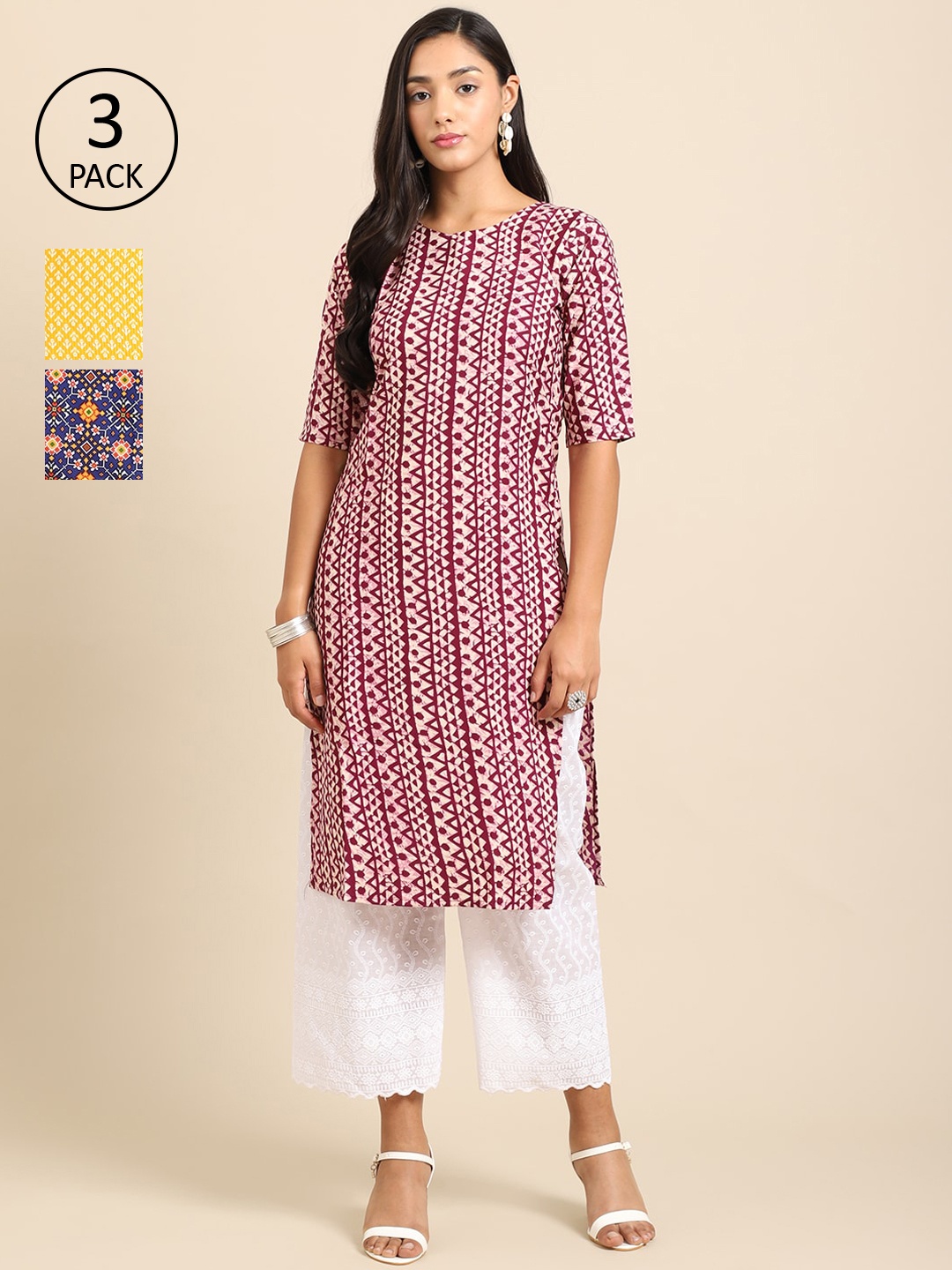 

Ethnic basket Women Maroon & Yellow Floral Printed Crepe Kurta