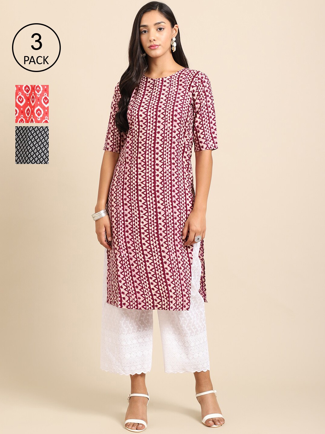 

Ethnic basket Women Pack of 3 Ethnic Motifs Printed Crepe Kurta, Maroon