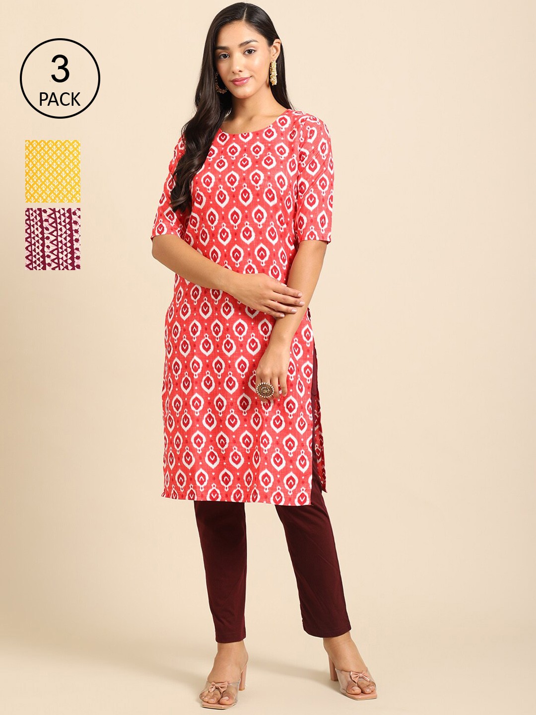 

Ethnic basket Women Pack Of 3 Ethnic Motifs Printed Crepe Kurta, Pink
