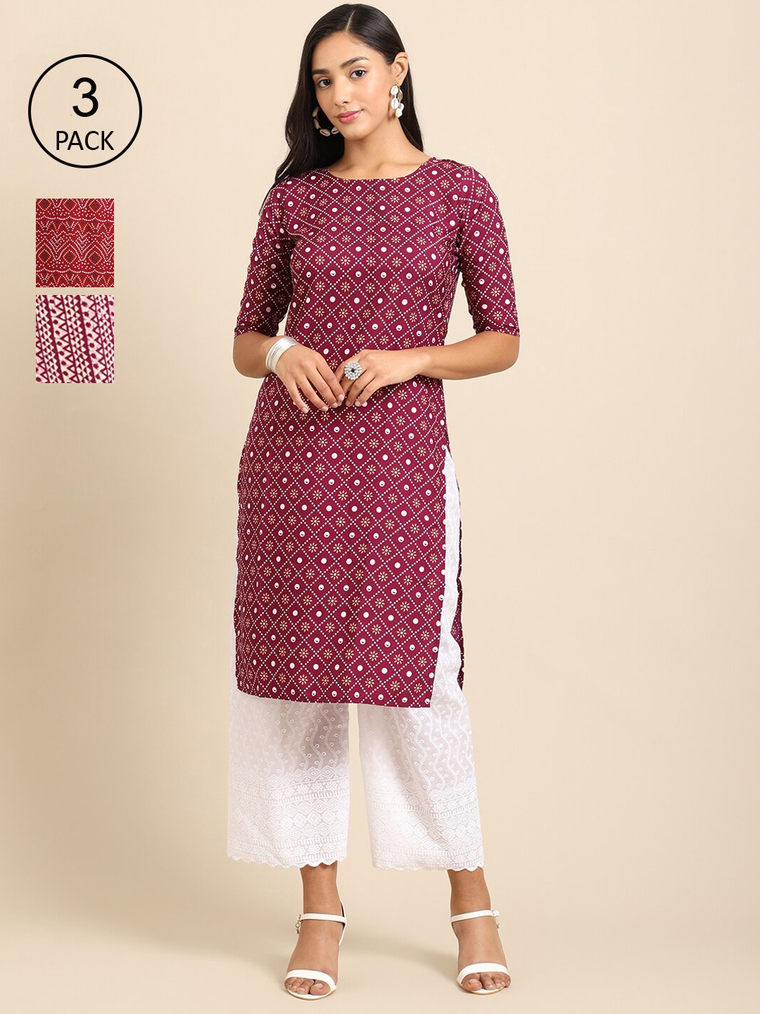 

Ethnic basket Women Pack Of 3 Printed Crepe Kurta, Maroon