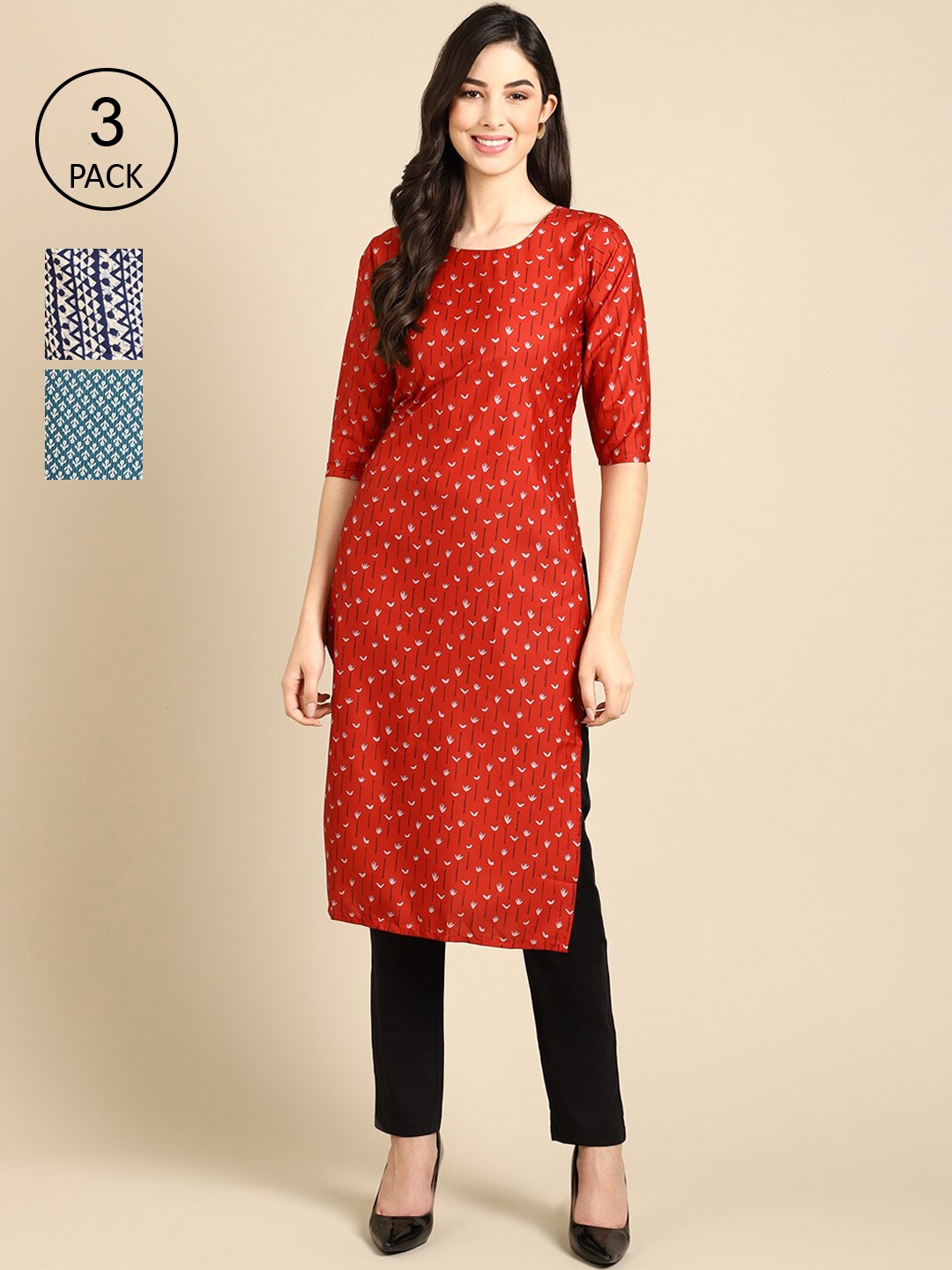

Ethnic basket Women Multicoloured Geometric Printed Keyhole Neck Thread Work Block Print Crepe Kurta, Multi