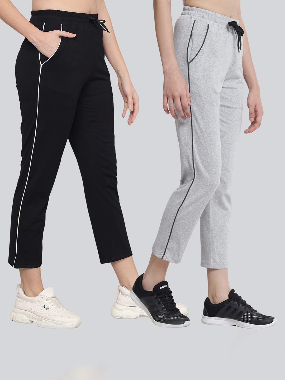 

Q-rious Women Pack Of 2 Black & Grey Solid Pure Cotton Track Pants