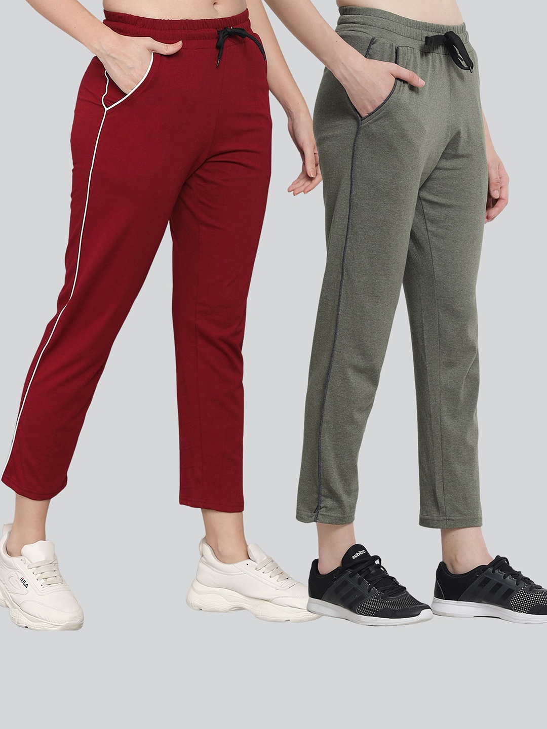 

Q-rious Women Pack Of 2 Maroon & Olive Green Solid Pure-Cotton Track Pants