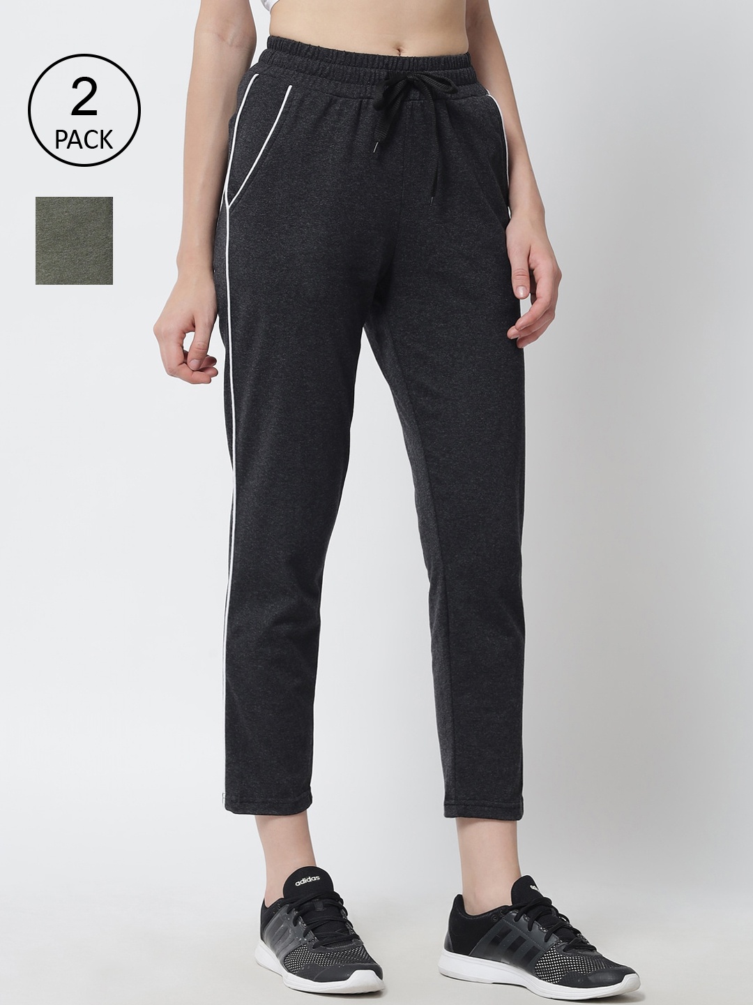 

Q-rious Women Pack of 2 Black & Olive green Solid Cotton Track Pants