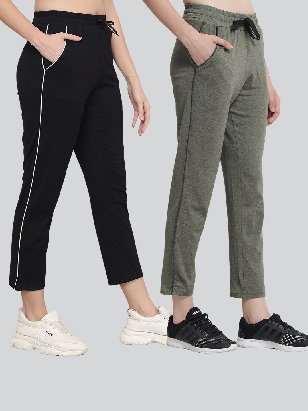 Q-rious Pack Of 2 Women Solid Pure-Cotton Track Pants, Black
