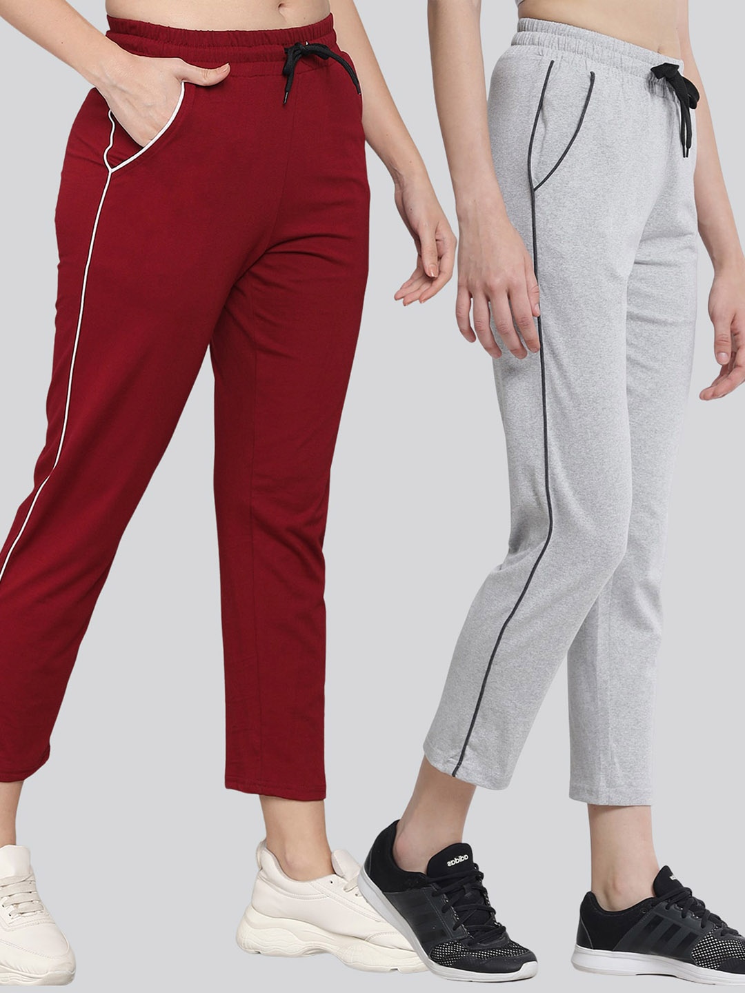 

Q-rious Women Pack Of 2 Maroon & Grey Solid Cotton Track Pants