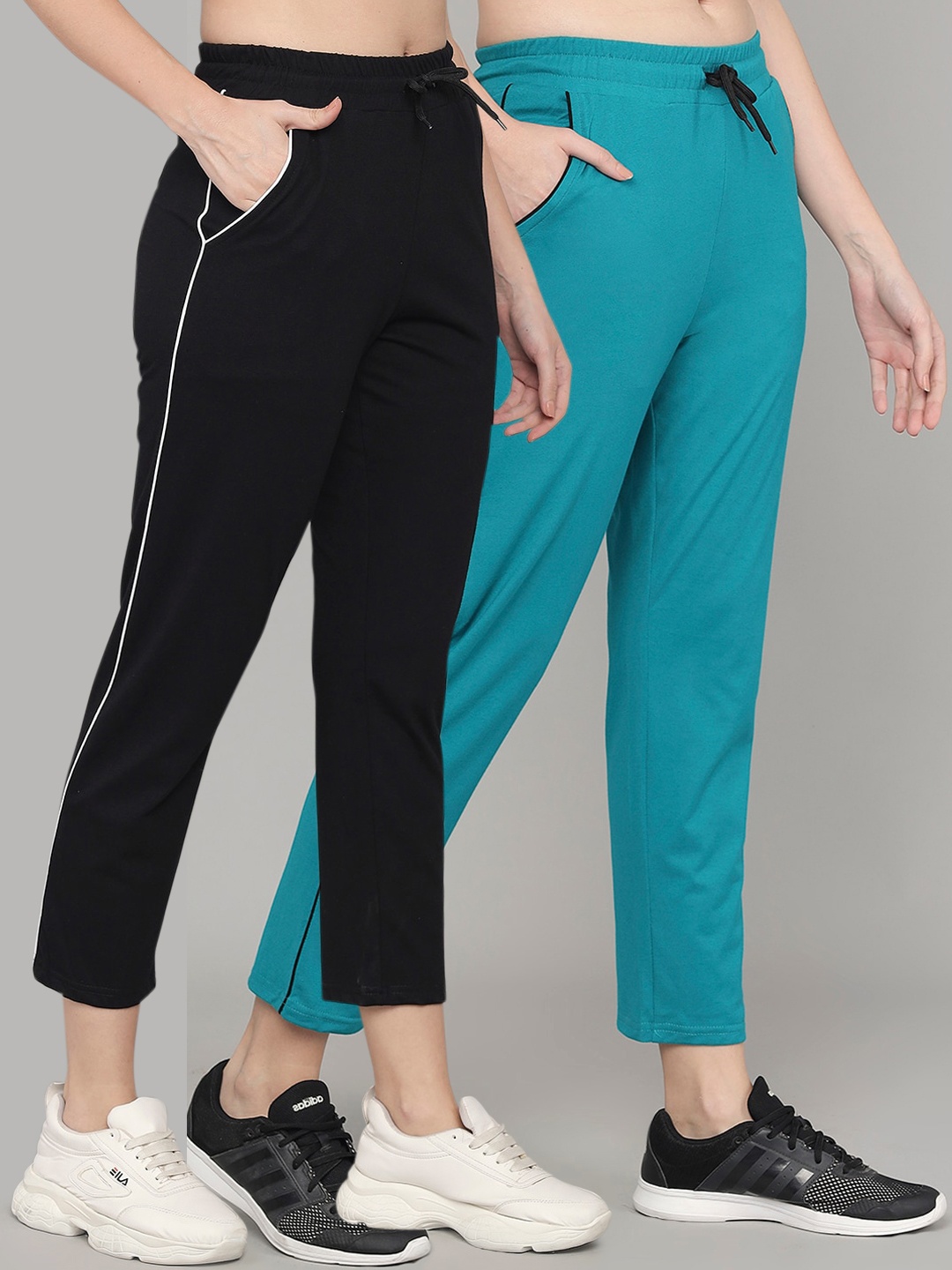 

Q-rious Women Pack Of 2 Blue & Black Solid Cotton Track Pants