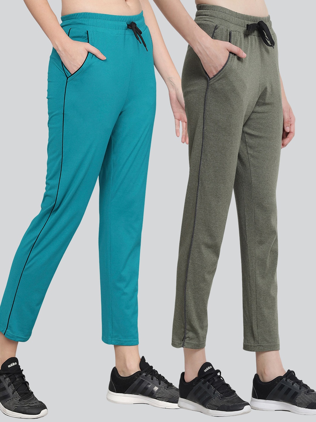 

Q-rious Women Pack Of 2 Blue & Olive Solid Pure Cotton Track Pants